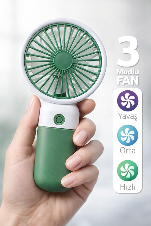 Standlı 3 MOD Şarjlı El Fanı 5 Kademe Seyahat Masaüstü Vantilatör Taşınabilir Mini Fan Yeşil F139