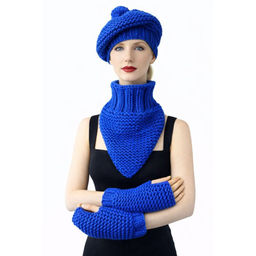 - Emine 9106 8920 El Örgüsü Kadın Bere Boyunluk Eldiven 3’lü Kışlık Akrilik Örgü Set - Mavi