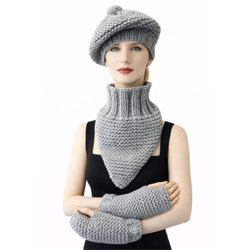 - Emine 9106 8920 El Örgüsü Kadın Bere Boyunluk Eldiven 3’lü Kışlık Akrilik Örgü Set - Gri