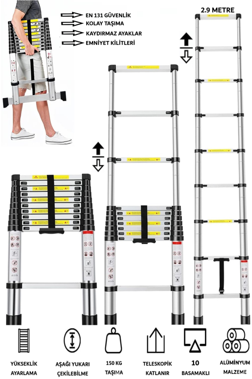Alüminyum Katlanır Merdiven 2.9 Metre 10 Basamak
