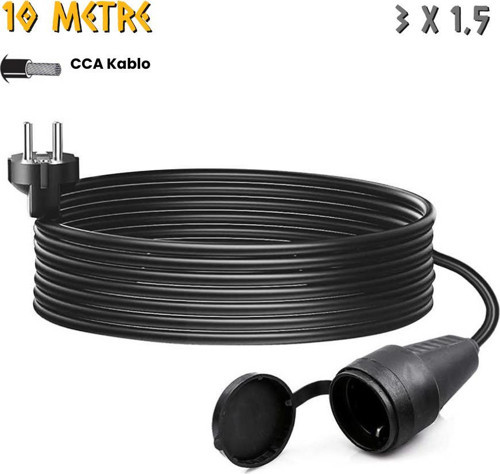 Kauçuk Uzatma Kablosu CCA 3x1.5 - Tekli Dişi Priz - 10 mt.