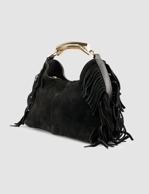 Metal Saplı Püsküllü Siyah Süet Kadın Çantası