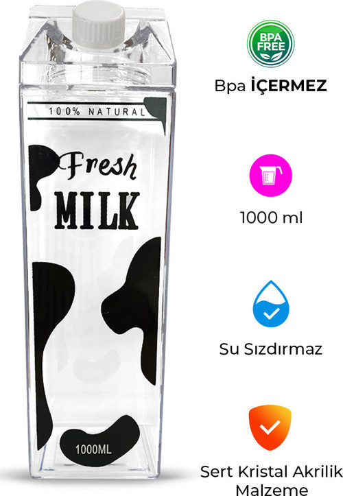 Mystyle Fm-27 Mika Süt Şişesi 1000 Ml | İnek Desenli, Kapaklı, Cam Görünümlü Dayanıklı Tasarım