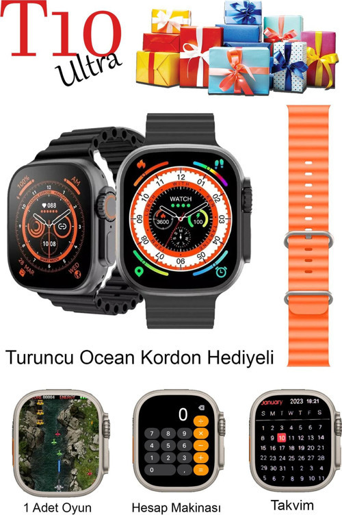 T10 Ultra Akıllı Saat Son Sürüm Kordon Kilitli Iosandroıd Uyumlu Kordon Hediyeli 2.09İnç Büyük Ekran