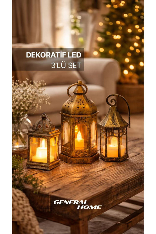 Dekoratif Led Fener 3’Lü Set | Pilli, Sarı Işık, Retro Tasarım, Ev Ve Bahçe Kullanımı