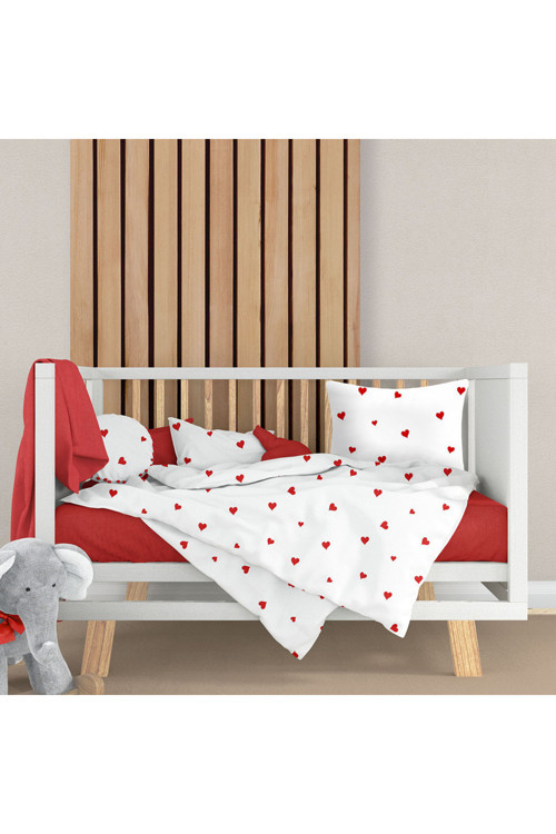 Lüks Ranforce Kumaşından Kırmızı Kalpli Bebek Nevresim Takımı | 100X150