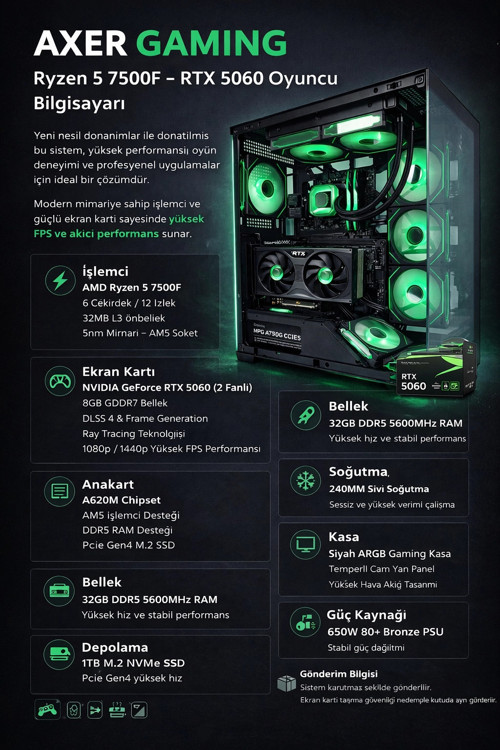 GAMING Black Ryzen 5 7500F 32GB DDR5 1TB SSD RTX5060 OYUN BİLGİSAYARI