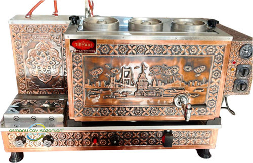 3 Demlikli Kız Kulesi Tam Otomatik Bakır Çay Ocağı Kazanı 35Lt Çay Makinesi Semaver (Doğalgaz Elk)