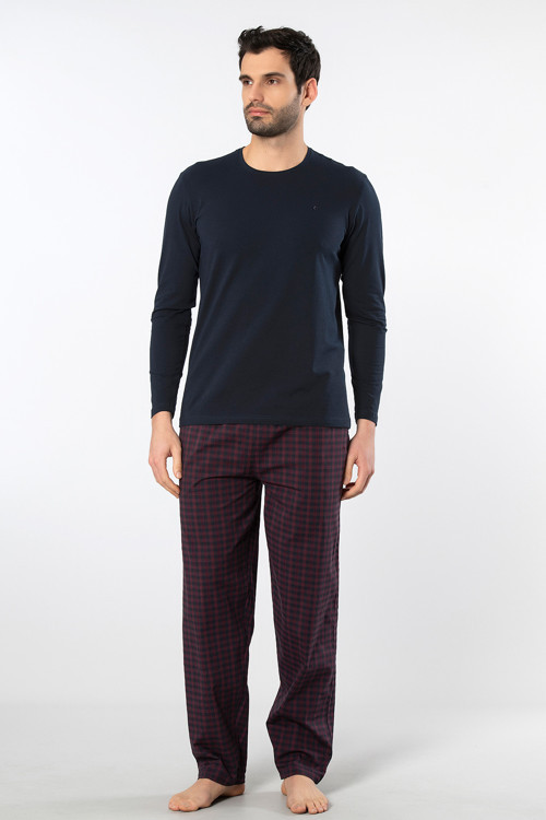 2239 Erkek Poplin O Yaka Uzun Kollu Pijama Takımı