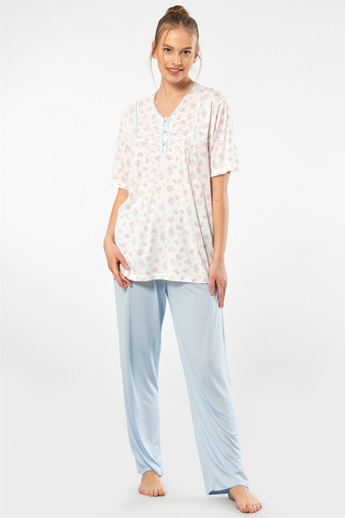 3369 Kadın Empirme Patlı Battal Kısa Kollu Pijama Takım