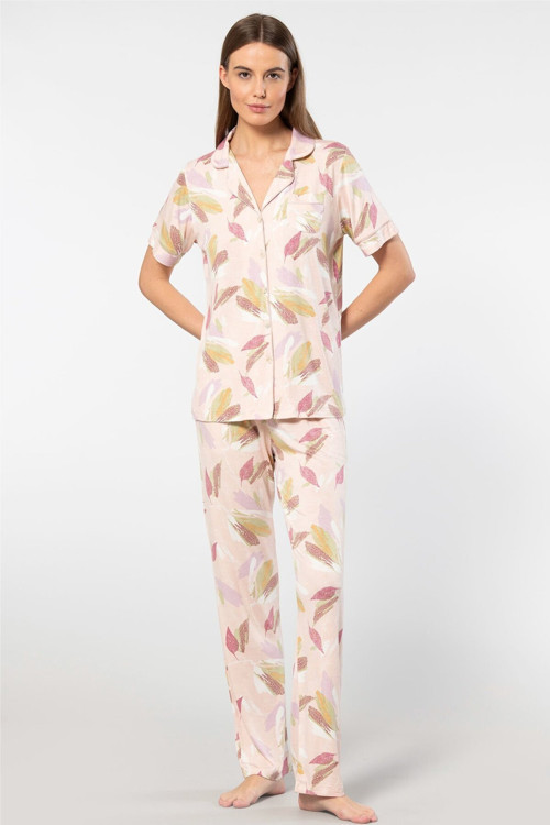 3355 Kadın Kısa Kollu Gömlek Yaka Pijama Takımı