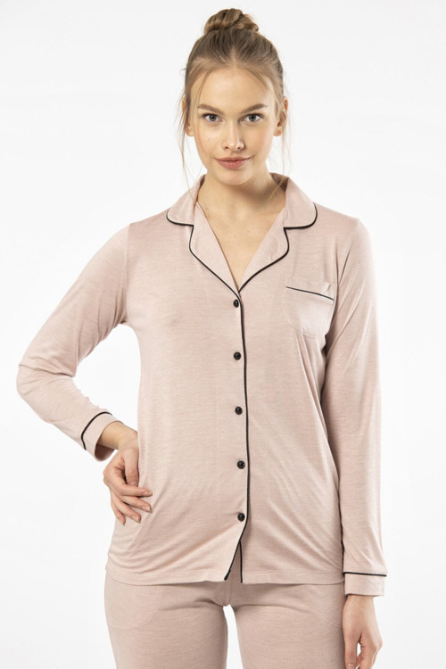3365 Kadın Düz Uzun Kollu Gömlek Yaka Pijama Takım