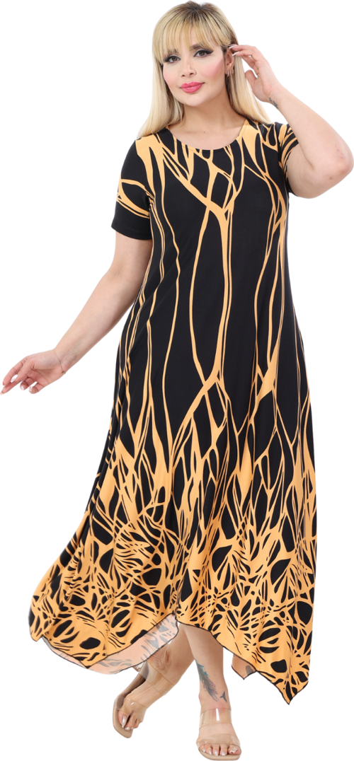 Butik Kısa Kollu Asimetrik Kesim Sarı Dalgalı Reflektör Desen Büyük Beden Elbise