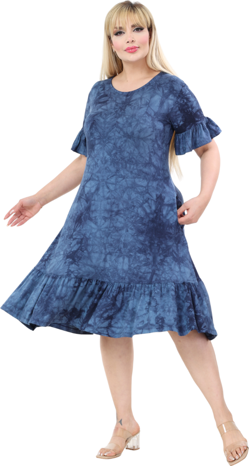 Butik Lacivert Batik Yıkamalı Cepli Fırfırlı Kısa Kollu Kadın Midi Elbise