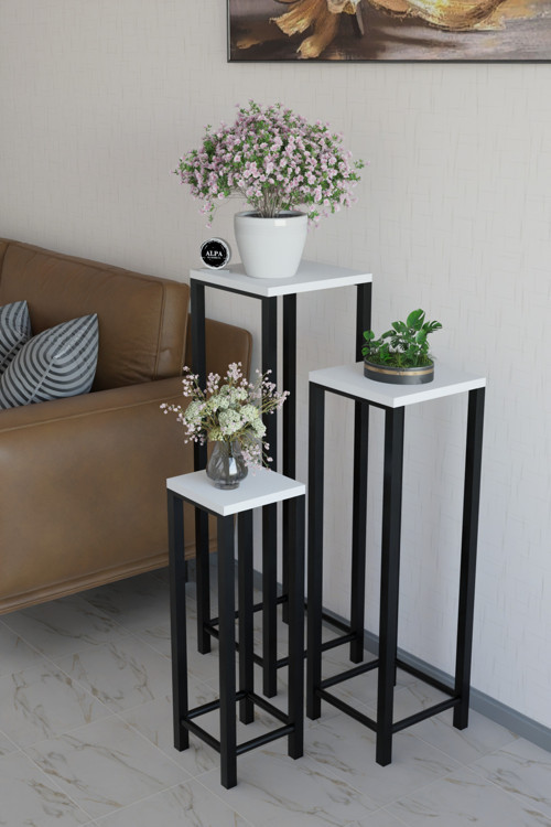 Modern 3'lü Metal Ayaklı Saksı Standı Dekoratif Saksılık Çok Amaçlı Yan Sehpa