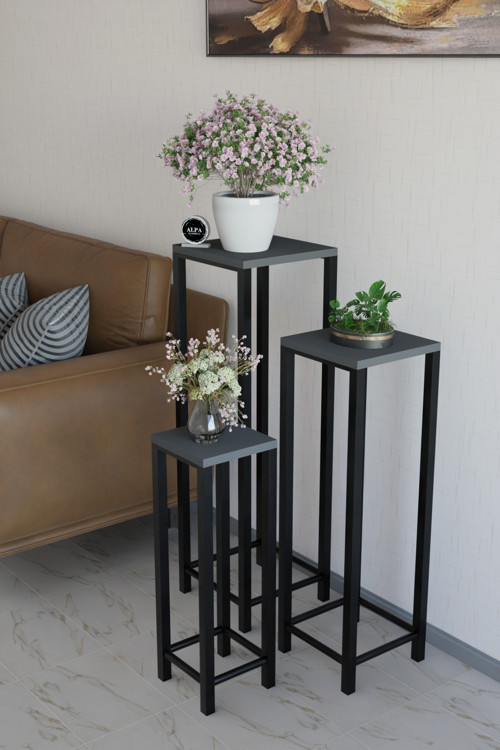 Modern 3'lü Metal Ayaklı Saksı Standı Dekoratif Saksılık Çok Amaçlı Yan Sehpa