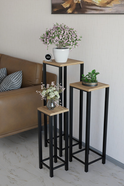 Modern 3'lü Metal Ayaklı Saksı Standı Dekoratif Saksılık Çok Amaçlı Yan Sehpa