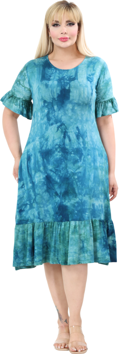 Butik Turkuaz Batik Yıkamalı Kısa Kollu Fırfırlı Cepli Kadın Midi Elbise