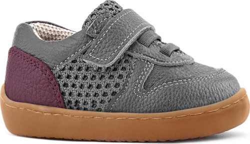 Bob Hakiki Deri Gri Bordo Barefoot Cırtlı Lastikli Bebek Sneaker Ayakkabı