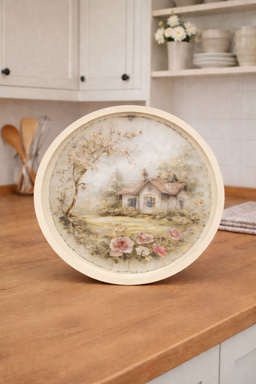 English Vintage Büyük Çay Servis Tepsisi | Country Cottage | Yuvarlak Büyük Sunum Tepsisi - 36x36 cm