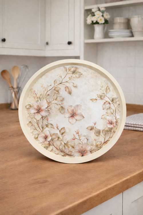 English Vintage Büyük Çay Servis Tepsisi | Floral Vintage | Yuvarlak Büyük Sunum Tepsisi - 36x36 cm