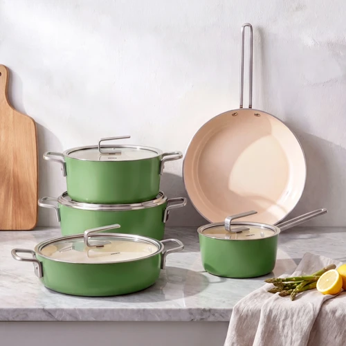 x Refika Swiss Crystal 9 Parça Tencere ve Tava Seti Emerald Green