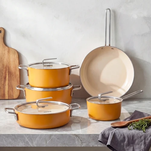 x Refika Swiss Crystal 9 Parça Tencere ve Tava Seti Mustard Yellow