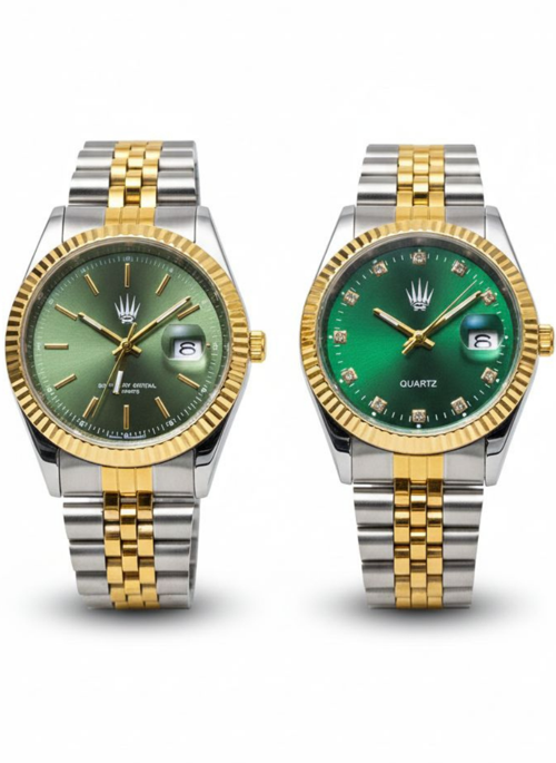 Çift Saati Crest Line Silver Gold Yeşil Kol Saati
