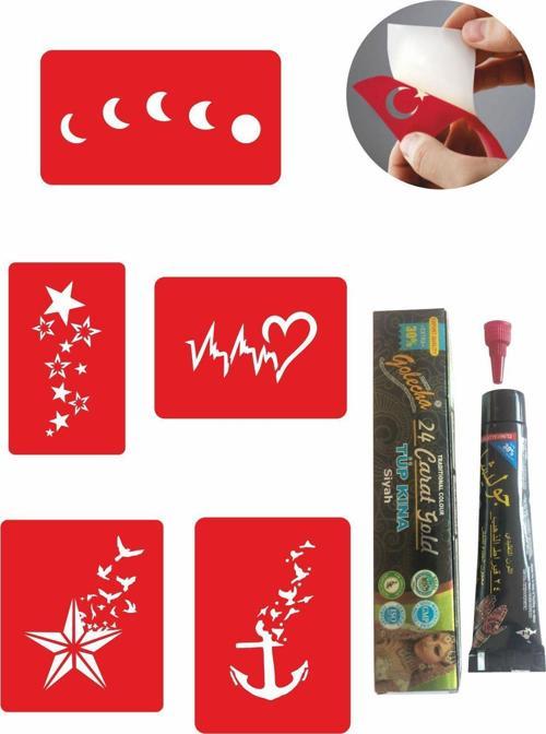 Kalp ve Yıldız Desenleri Hint Kınası ile Geçici Dövme Yapma Seti