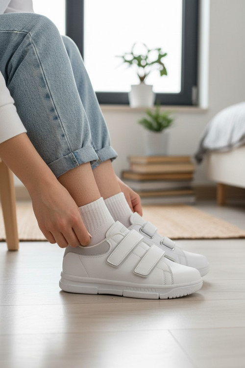Çift Cırtlı Bant Detaylı Hafif Tabanlı Minimalist Şık Kadın Spor Ayakkabı