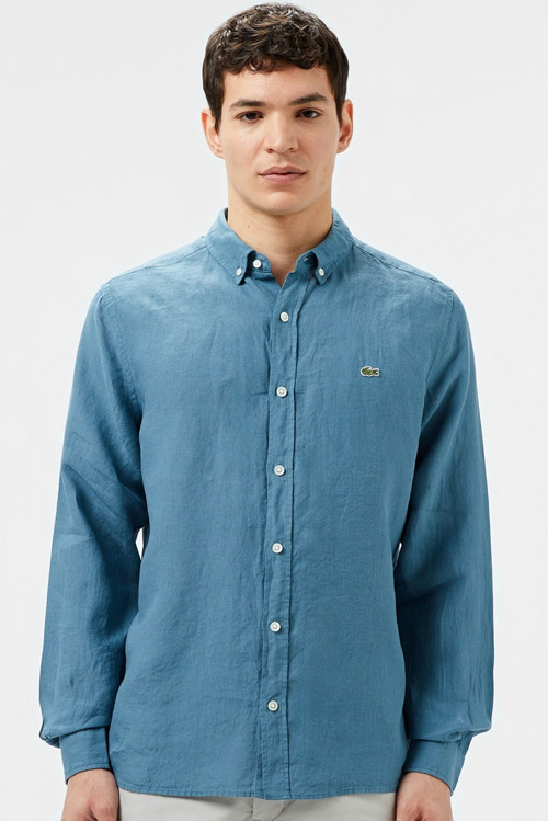 Men's Regular Fit Button-Down Collar Linen Shirt Blue Erkek Düğmeli Yaka Keten Gömlek Mavi