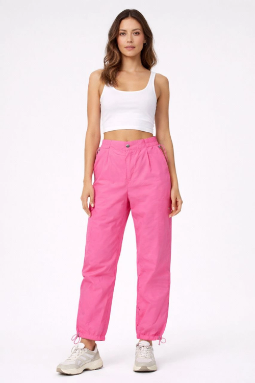 Kadın Paraşüt Kumaş Pantolon Bel ve Paça Ayarlanabilir Lastikli Spor Pantolon - Pembe