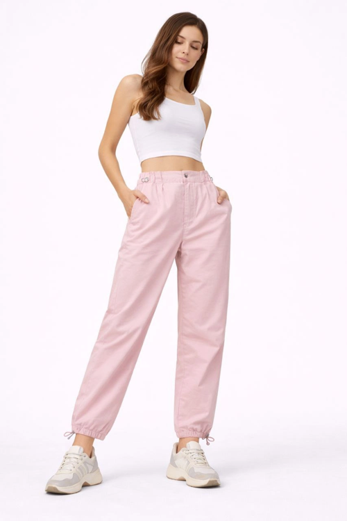 Kadın Paraşüt Kumaş Pantolon Bel ve Paça Ayarlanabilir Lastikli Spor Pantolon - Toz Pembe