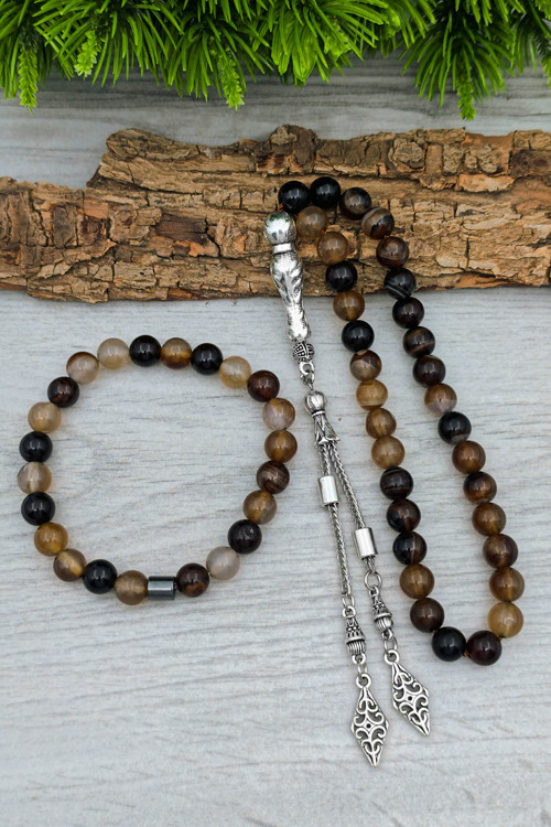 Erkek Doğal Taş Tesbih ve Bileklik Set Kahverengi Akik 8 mm BT055