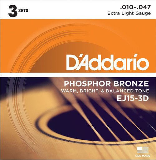 D'Addario EJ15-3D Phosphor Bronze Serisi Akustik Gitar Tel Seti (Extra Light - 10-47 - Phosphor Bronze)