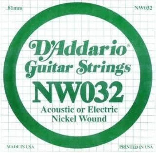 D'Addario NW032 Nickel Wound Elektro/Akustik Gitar Tek Teli - .032 (Aksesuar) | Standart Gerilim, Esnek Çalım Hissiyatı