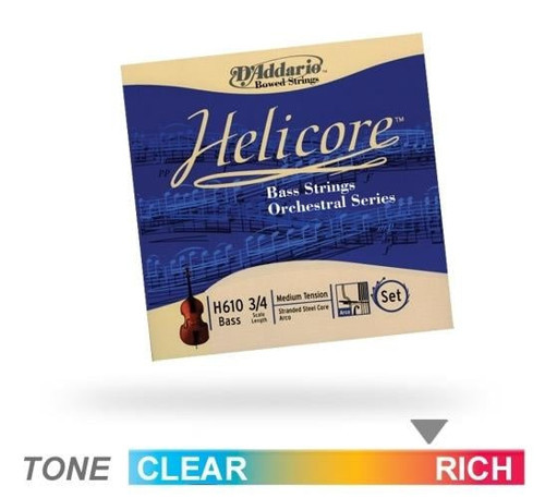 D'Addario H610 Helicore Kontrabas Tel Seti (3/4) | Orkestral Kullanım İçin Çok Lifli Çelik Öz Krom Sarım ile Zengin ve S