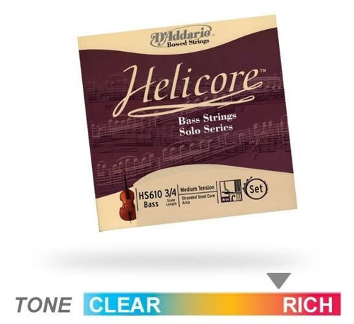 D'Addario HS610 Helicore Solo Kontrabas Tel Seti (3/4) | Solo Akort (A-E-B-F#) İçin Yüksek Gerilim Parlak Tonlar ve Üstü