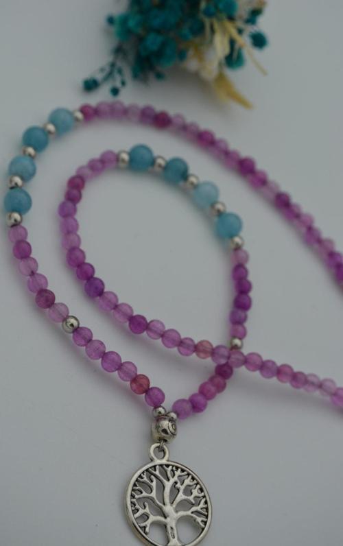 Jade Ve Auamarin Taşlı Hayat Ağacı Kolye Mor Mavi Gri