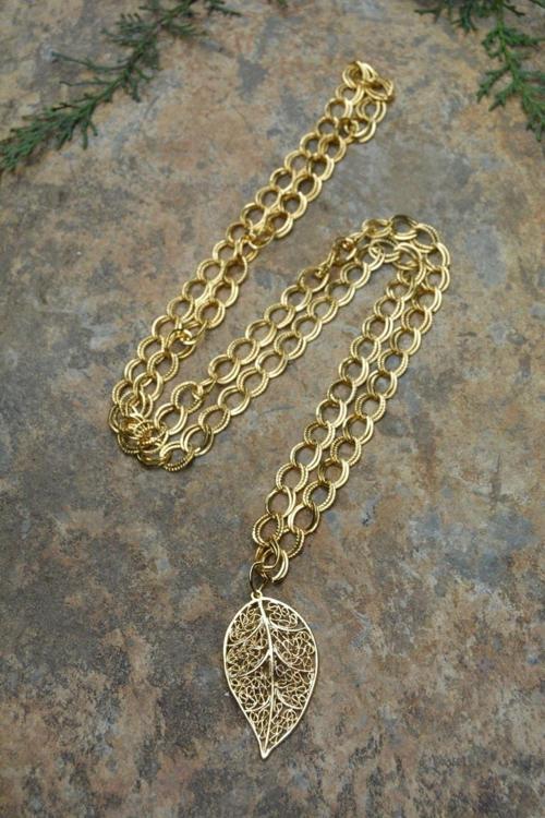 Jewellery Altın Kaplama Yaprak Uzun Bayan Kolye Altın Sarı