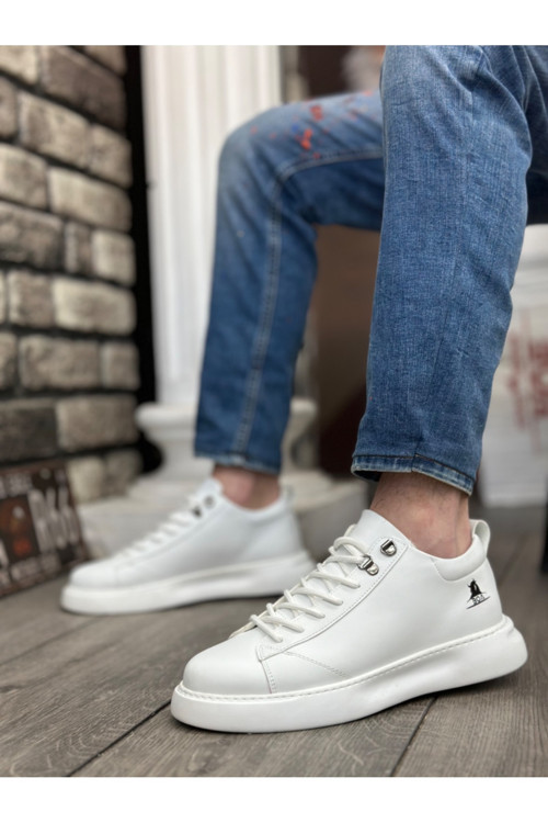 Ba0331 Bağcıklı Erkek Yüksek Taban Beyaz Cilt Spor Ayakkabı