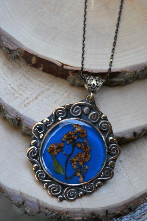 Jewellery Gerçek Çiçeklerden Yapılmış Tasarım Bayan Kolye Mavi