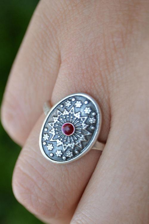 Jewellery Gümüş Kaplama Mineli Bayan Yüzük Bordo