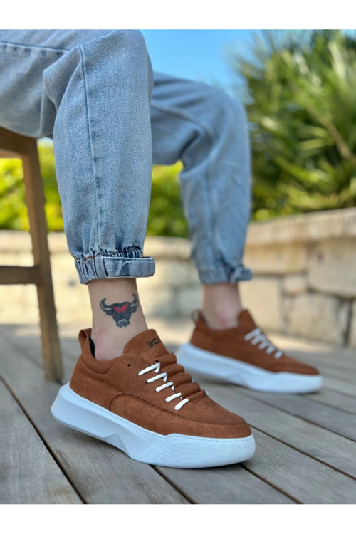 Ba0332 Merdiven Desen Bağcıklı Erkek Yüksek Taban Taba Süet Beyaz Taban Spor Ayakkabı