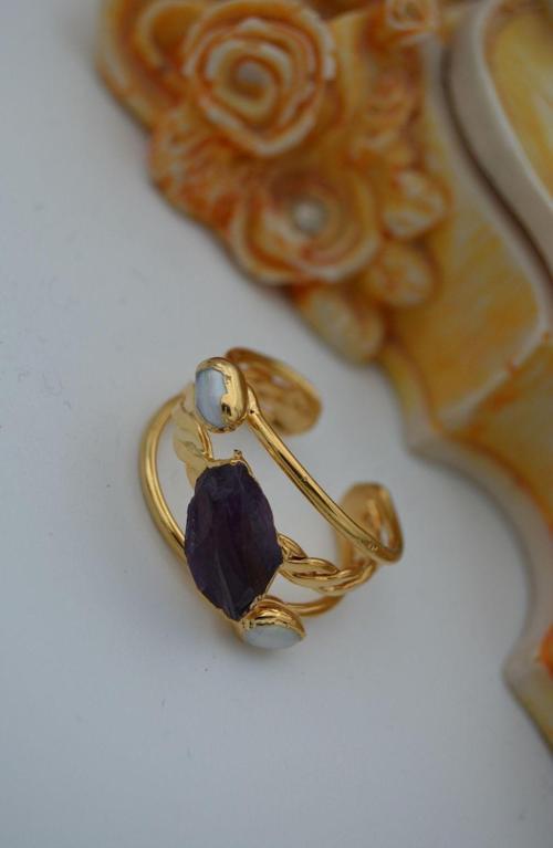 Jewellery Kırma Ametist Ve Inci Tasarım Yüzük Altın Siyah Beyaz