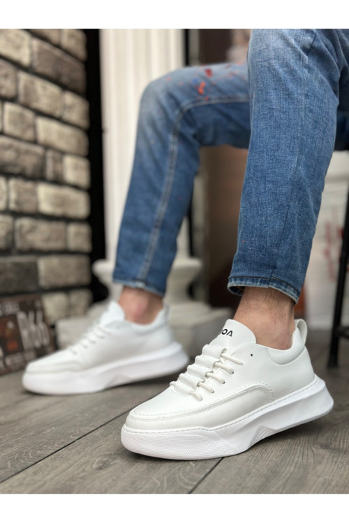 Ba0332 Merdiven Desen Bağcıklı Erkek Yüksek Taban Beyaz Cilt Spor Ayakkabı