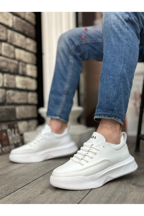 Ba0332 Merdiven Desen Bağcıklı Erkek Yüksek Taban Beyaz Cilt Spor Ayakkabı
