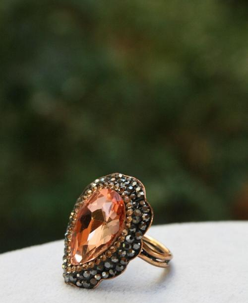 Jewellery Kristal Taşlı El Yapımı Bayan Yüzük Açık Somon