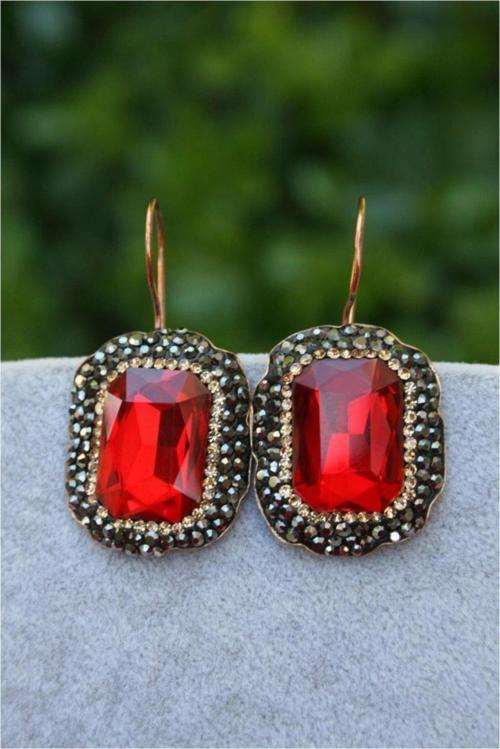Jewellery Kristal Taşlı El Yapımı Küpe Kırmızı