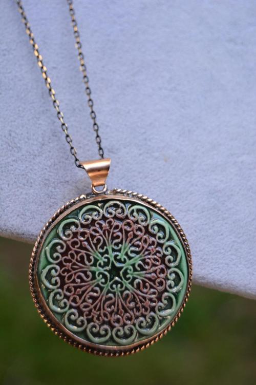 Jewellery Özel Tasarım Çini Bayan Kolye Yeşil ve Gül Kurusu